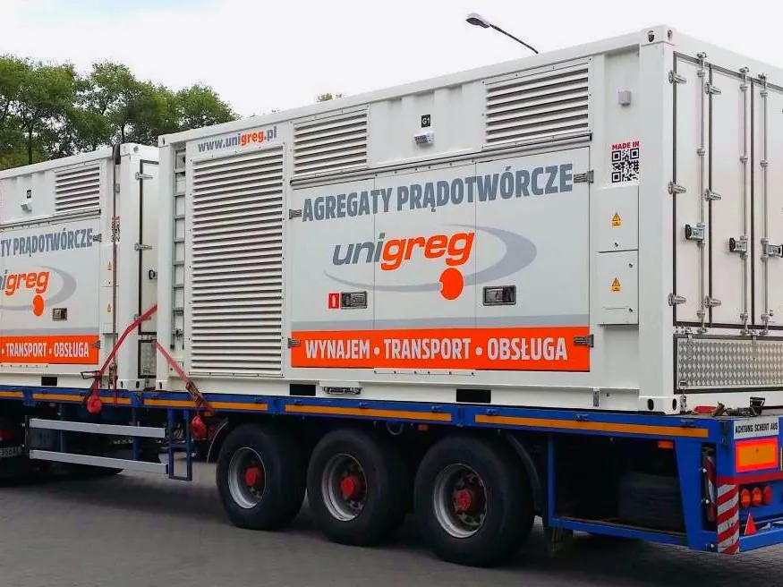 Two DuoPack GS 1430 K units on a semi-trailer — a mobile power plant en route to the customer