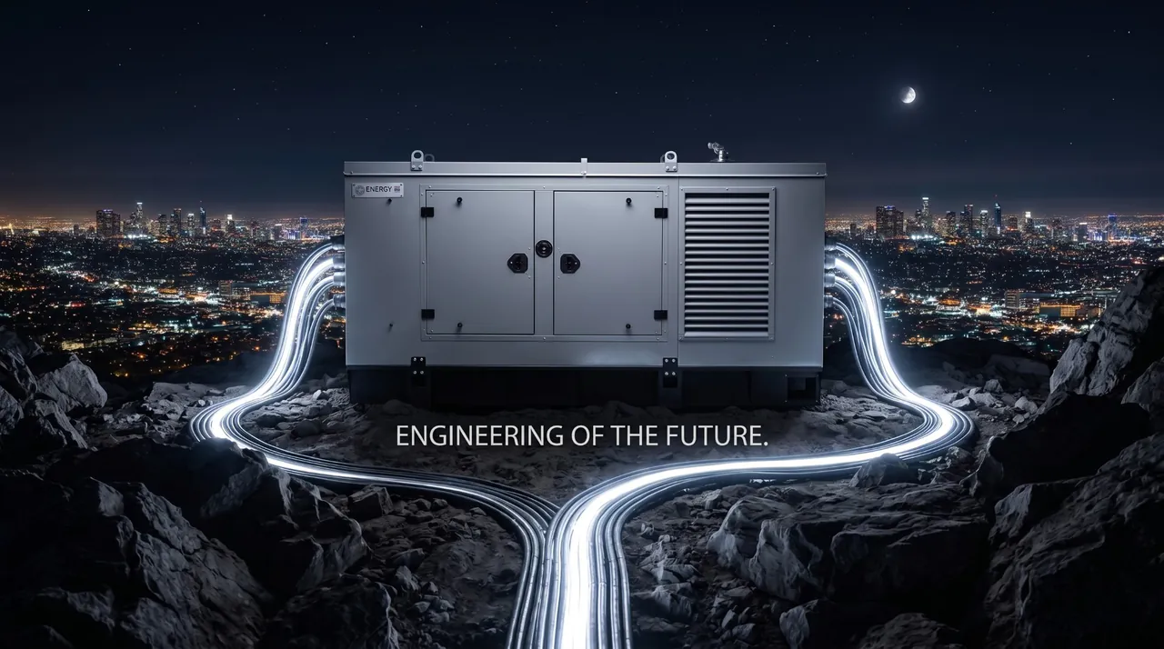 Agregat prądotwórczy w wyciszonej zabudowie na tle nocnej panoramy miasta, ze smugami światła biegnącymi do urządzenia i hasłem „Engineering of the Future” — wizualizacja