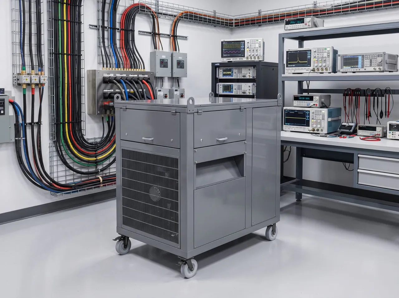 Energy Power Systems mobile load bank in a measurement laboratory, next to the instrument bench