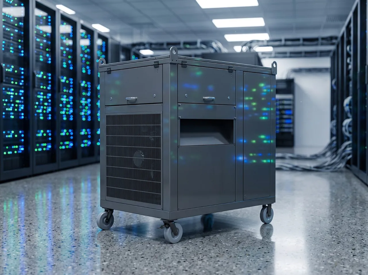 Energy Power Systems mobile load bank in a server room, between racks of network equipment