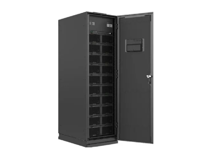 Battery cabinet with the doors open — lithium-ion LFP modules on shelves