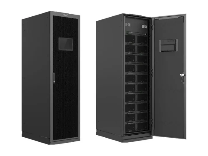 Lithium-ion system: the closed enclosure and the same cabinet with its doors open